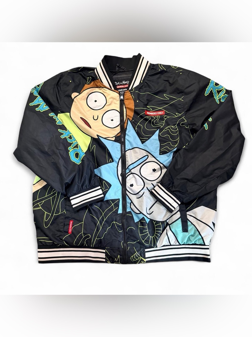 Members Only Black Bomber Jacket with Blue & Cream Character Graphics